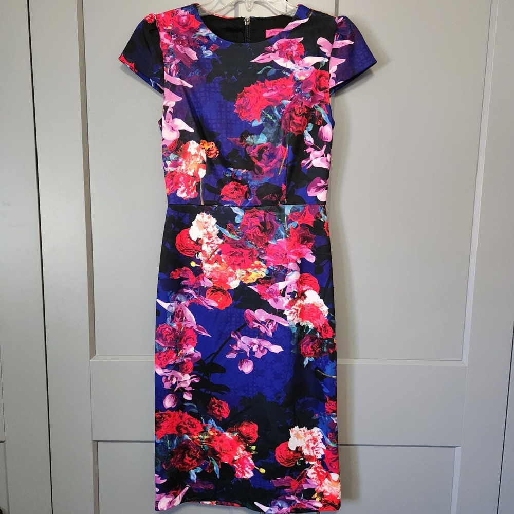 Betsey Johnson Women's Floral Print Sheath Dress 2 Blue Red Midi Cocktail